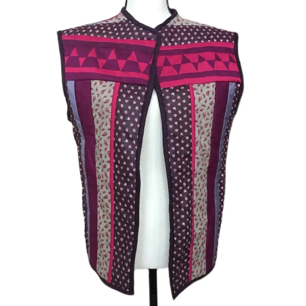 Vintage 70s 80s Handmade Quilted Patchwork Calico Paisley Purple Reversible Vest - Picture 3 of 11